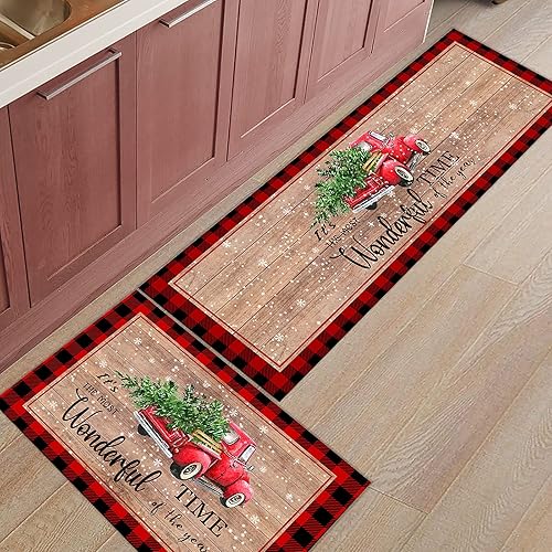 Miniatura 7 de Juego de 2 alfombras de cocina, decoración de árbol de Navidad, alfombras de cocina, antideslizantes, lavables, antifatiga, tapete de madera a
