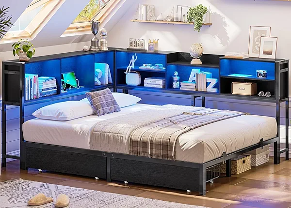 Hasuit Full Corner Bed Frame with Storage Bookcase, Full Size Daybed with 2 Underneath Storage Drawers, Kids Bed Unit with Charging Station and LED Light, Modern Teenagers Bedframe, Black