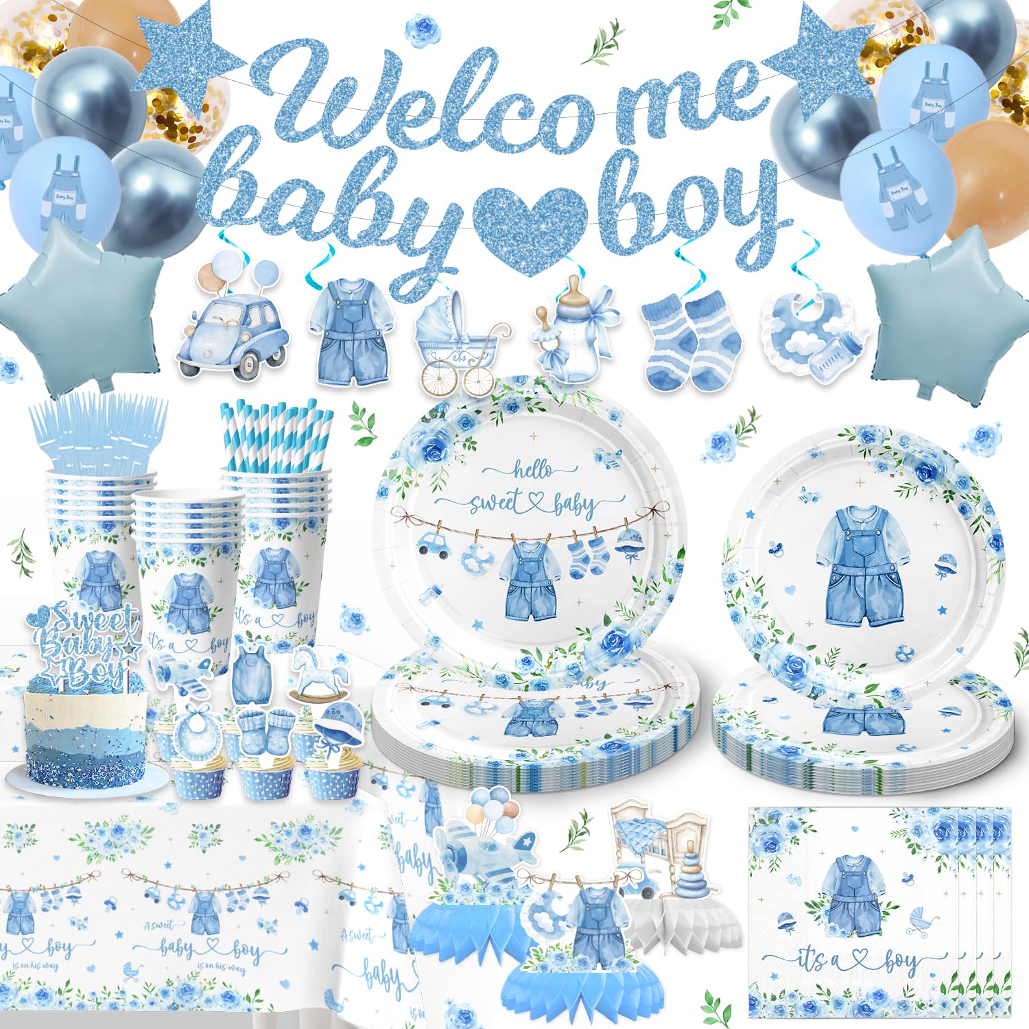 175PCS Blue boy Baby Shower Decorations Birthday Decorations Disposable Plates Napkins Set, Banner, Hanging Swirls, Tablecloth, Cake Topper, Balloon, Honeycomb Centerpieces Table Decorations