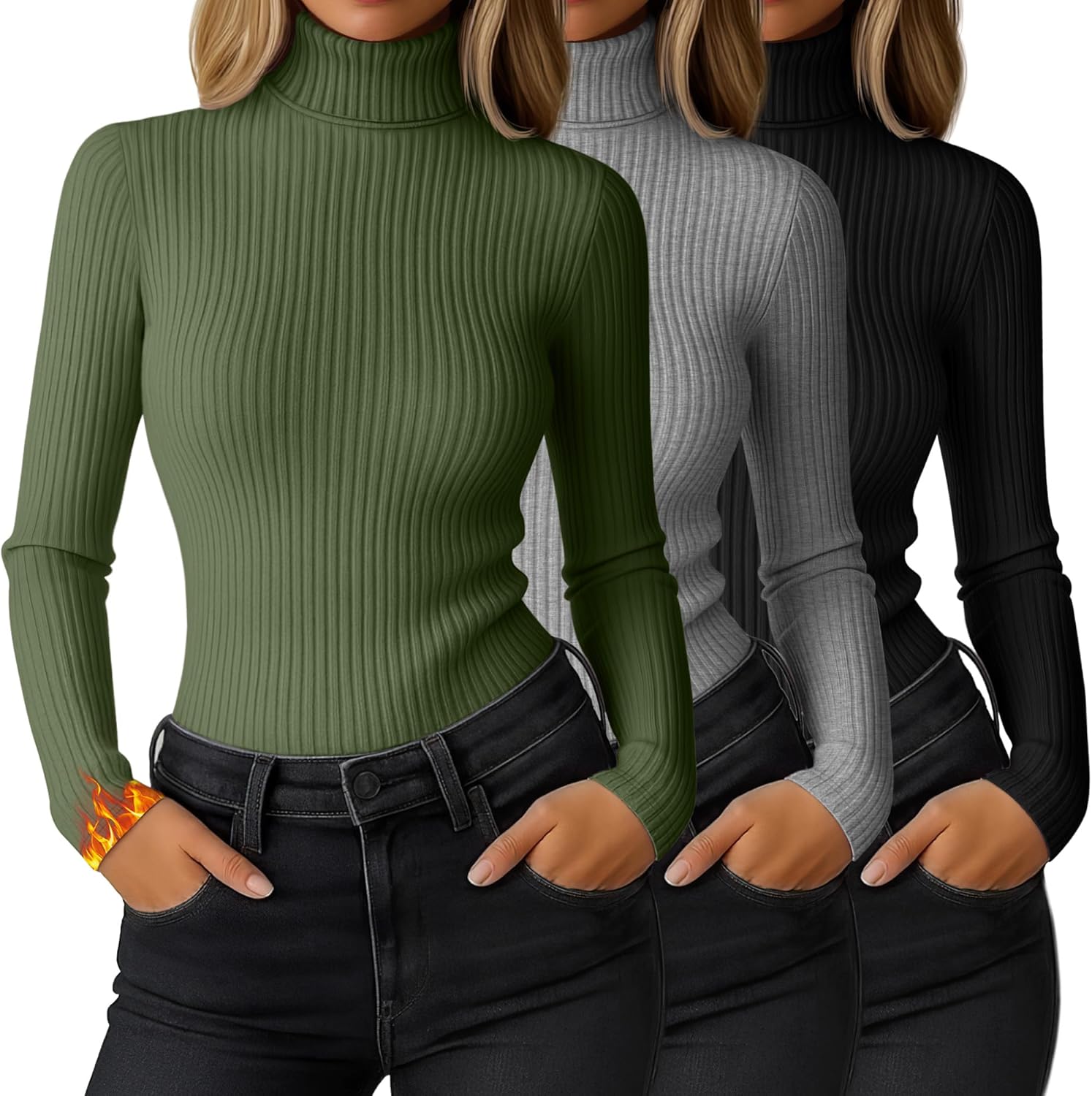 Ficerd 3 Pack Women's Ribbed Thermal Turtleneck Tops Long Sleeve Stretch Shirts Knitted Fitted Lightweight Base Layer