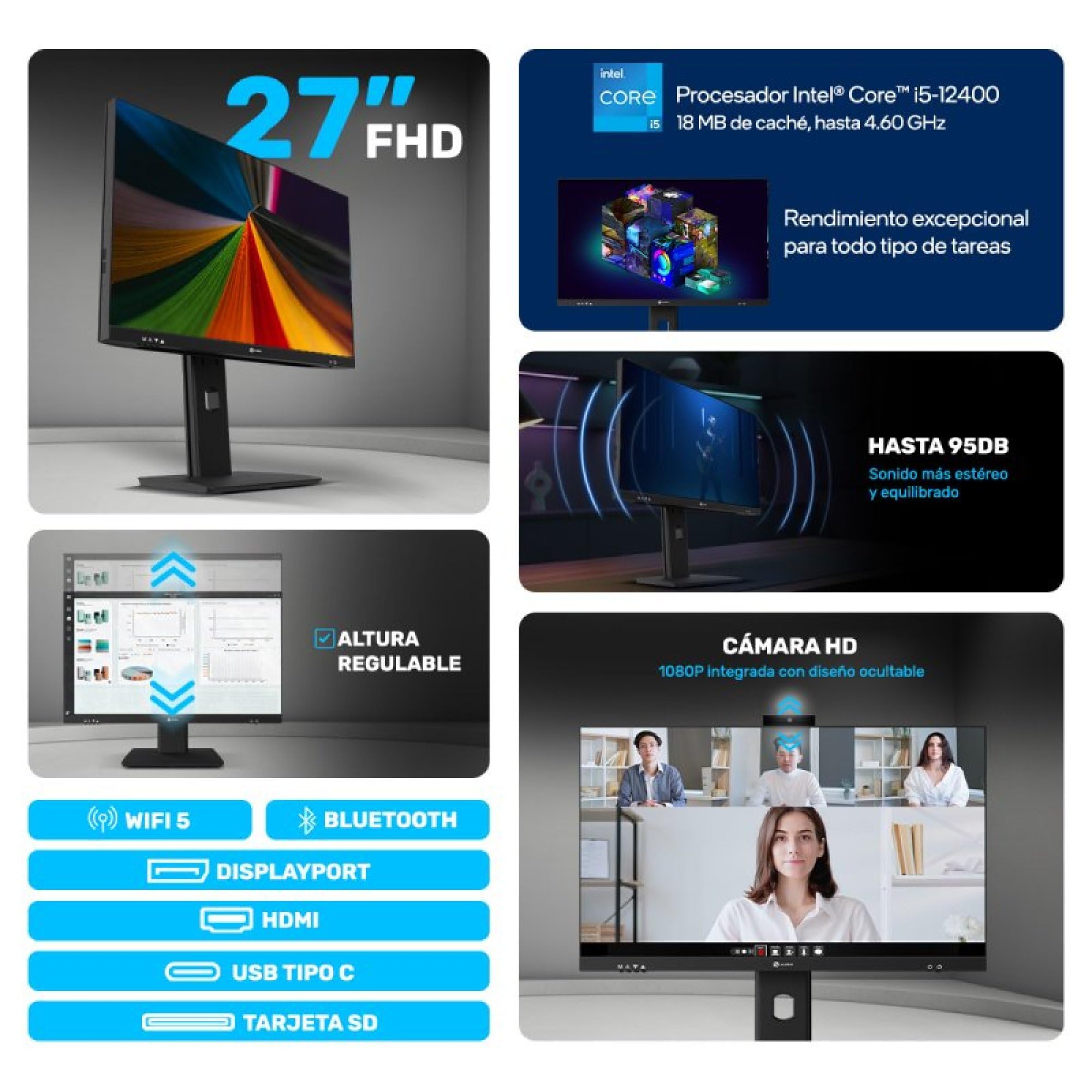 Alurin Flow PC All in One, Intel Core i5-12400, 16GB RAM DDR4, 1TB SSD, 27” Full HD IPS 75Hz, Altura Regulable, USB-C, HDMI, Diseño Todo en uno para Trabajo y Entretenimiento