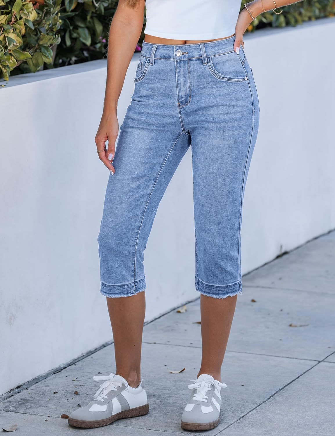 luvamia Capri Jeans for Women Trendy Mid Rise Distressed Raw Hem Casual Summer Stretchy Denim Capris Pants Relaxed Fit - Image 4