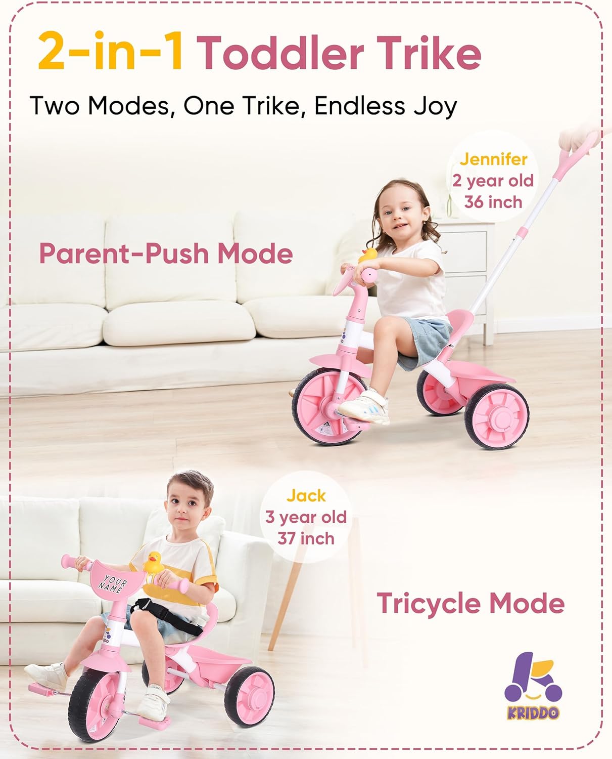 KRIDDO 2 in 1 Kids Tricycles Age 18 Month to 3 Years, EVA Wheels, Gift Toddler Tricycle, Trikes for Toddlers 2 to 3 Year Old with Push Handle, Duck Bell, Pink
