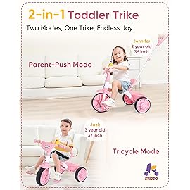 KRIDDO 2 in 1 Kids Tricycles Age 18 Month to 3 Years, EVA Wheels, Gift Toddler Tricycle, Trikes for Toddlers 2 to 3 Year Old with Push Handle, Duck Bell, Pink