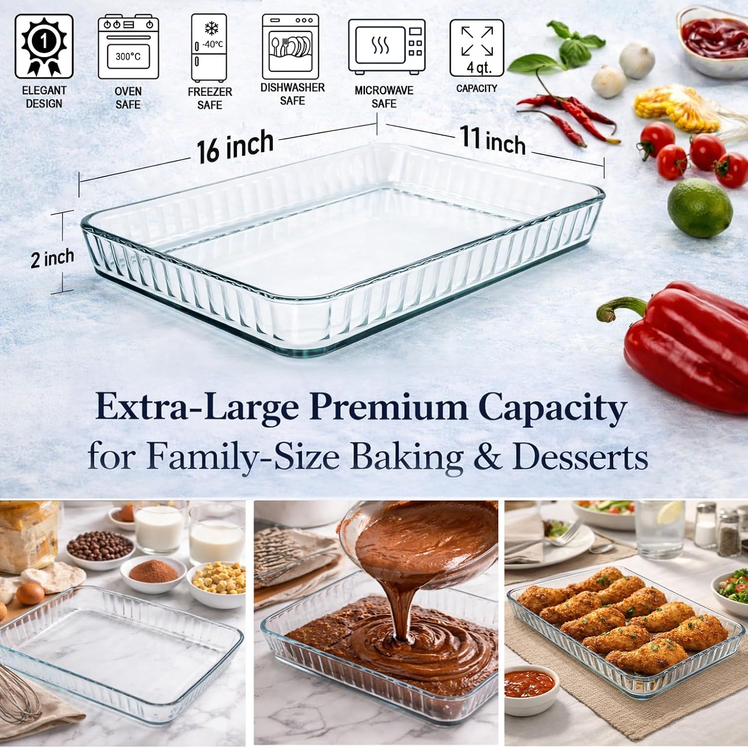 2-Piece Ums 4-Qt (16" x 11" x 2") Glass Baking Dishes for Oven, Glass Oven Pan & Tray Bakeware, Borosilicate Glass Casserole Dish Cookware, Microwave & Oven-Safe Clear Bakeware image 2