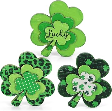 St. Patricks Day Shamrock Decorations, 3Pcs Wooden Saint Patrick Day Table Centerpiece Trays Decor Signs, Vintage Clover Tabletop Decoration for Home Office Shelf Table Mantel Tiered Tray Shamrock