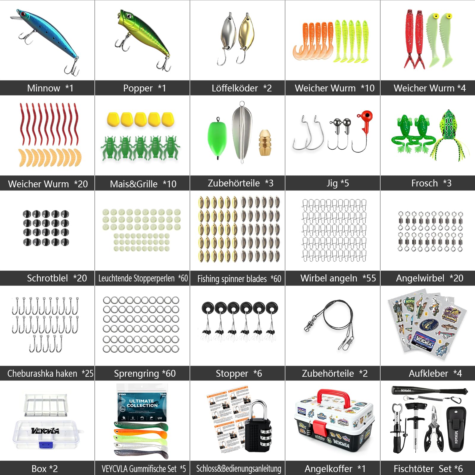 376 Stück Angelzubehör Set,Angelkoffer mit Zubehör- Fischtöter Angelzange Hakenlöser Angelzubehör,Zander,Barsch&ForellenKöder, Angelblei, Haken, Angler Geschenk für Anfänger