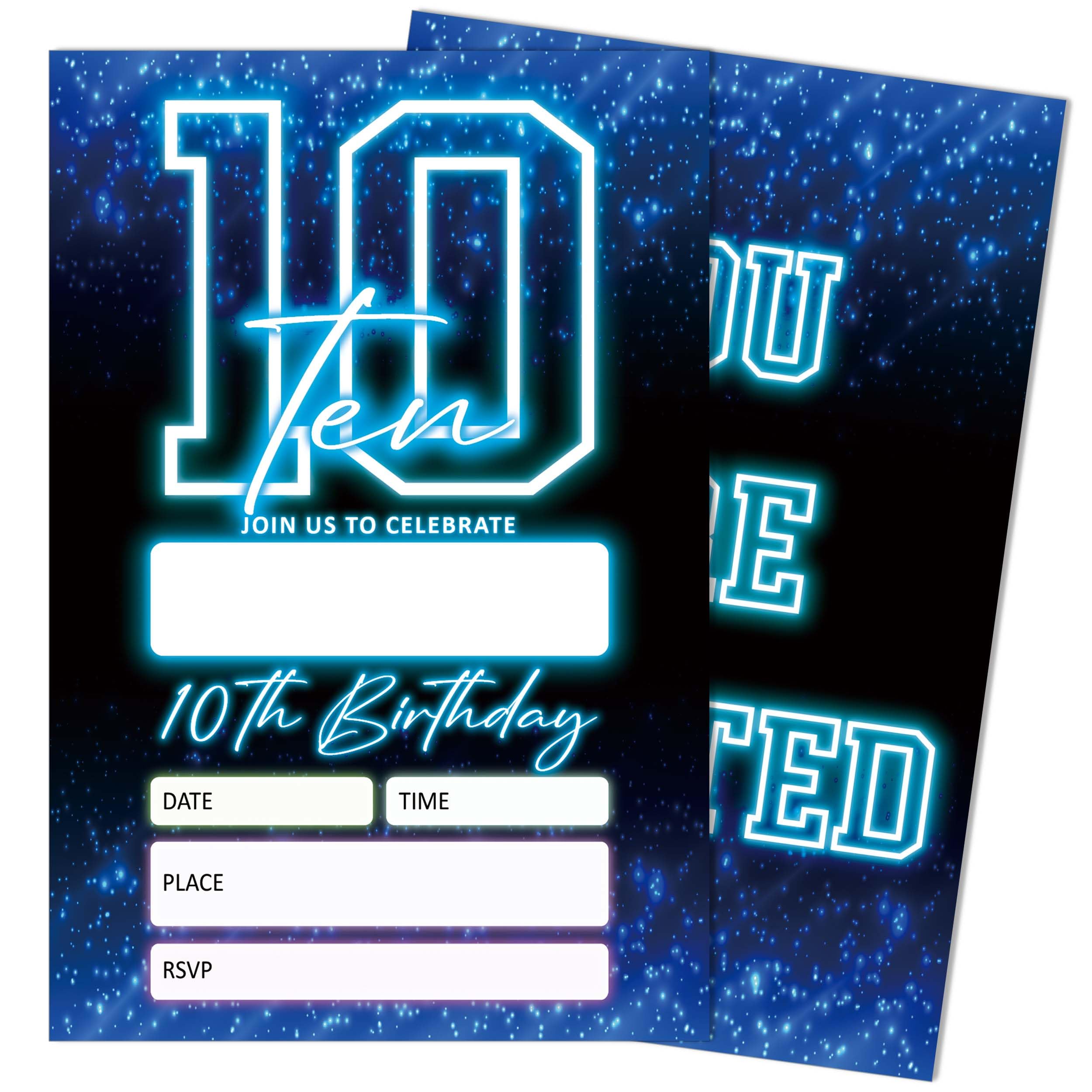 SIXEIGHT Blue 10th Birthday Party Invitations for Kids, Glow Neon 10th Birthday Invitations for Boys Girls, 20 Pack Blue Invites with Envelopes, Glow
