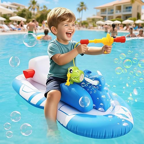 Flotadores de piscina con forma de moto acuática para niños pequeños con pistola de agua y pistola de burbujas, barco inflable para niños de 6 a 12
