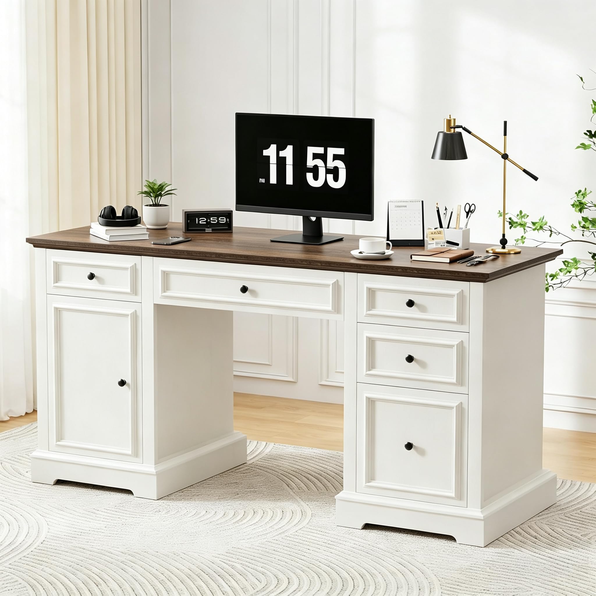 Photo 1 of ***PHOTO AND DESCRIPTION FOR REFERENCE ONLY***Vipbear Farmhouse Executive Desk with Drawers and Cabinet, Embossed Texture Wood Home Office Desk, Rustic Computer Writing Desk, Workspace for Work Study Writing