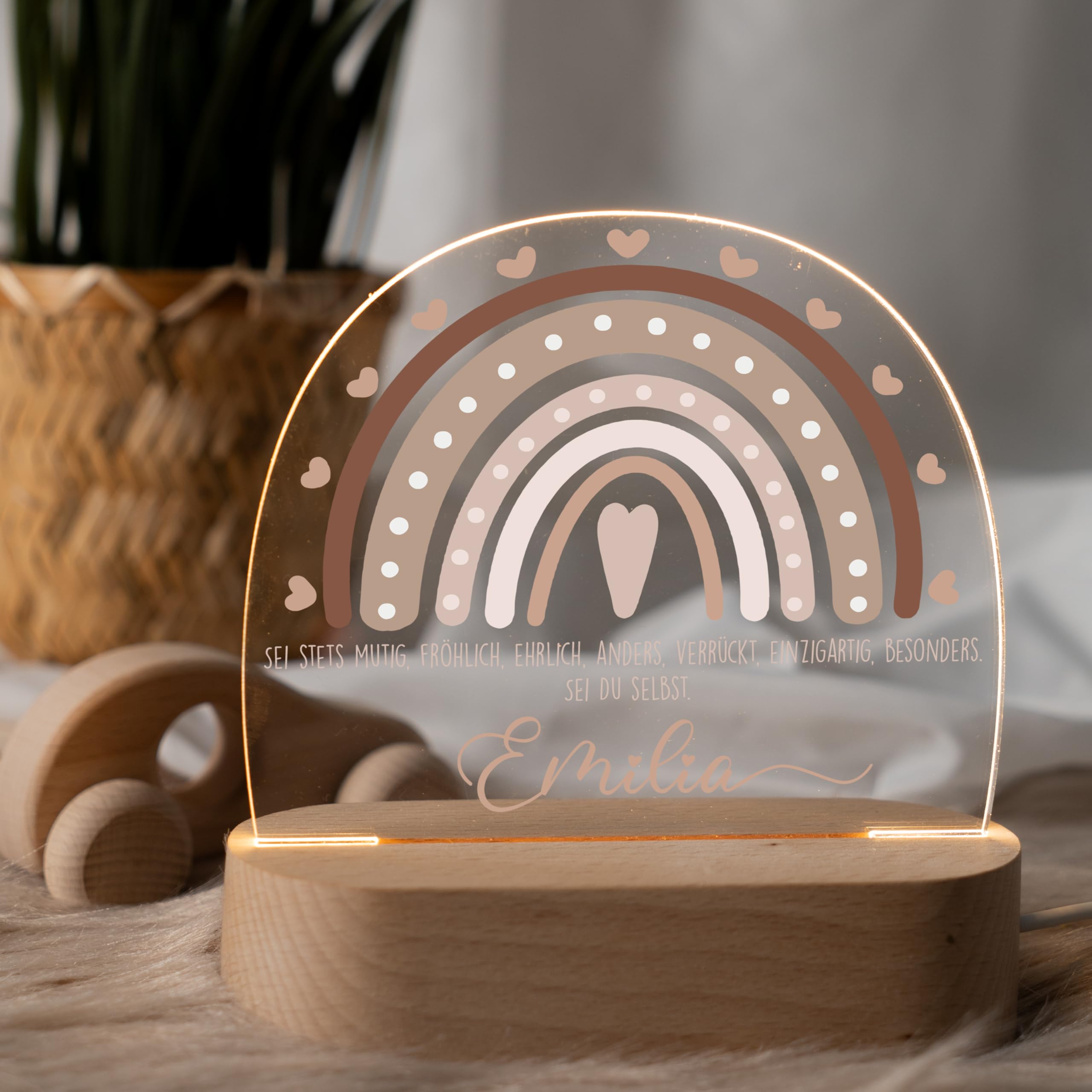 Kidsmood Personalisiertes Nachtlicht Baby mit Namen - Stilllicht Kinder LED, dimmbar, Holz - Babygeschenk Geburt, Taufgeschenk Mädchen Jungen, Kinderzimmer Lampe & Schlummerlicht [Regenbogen Beige]