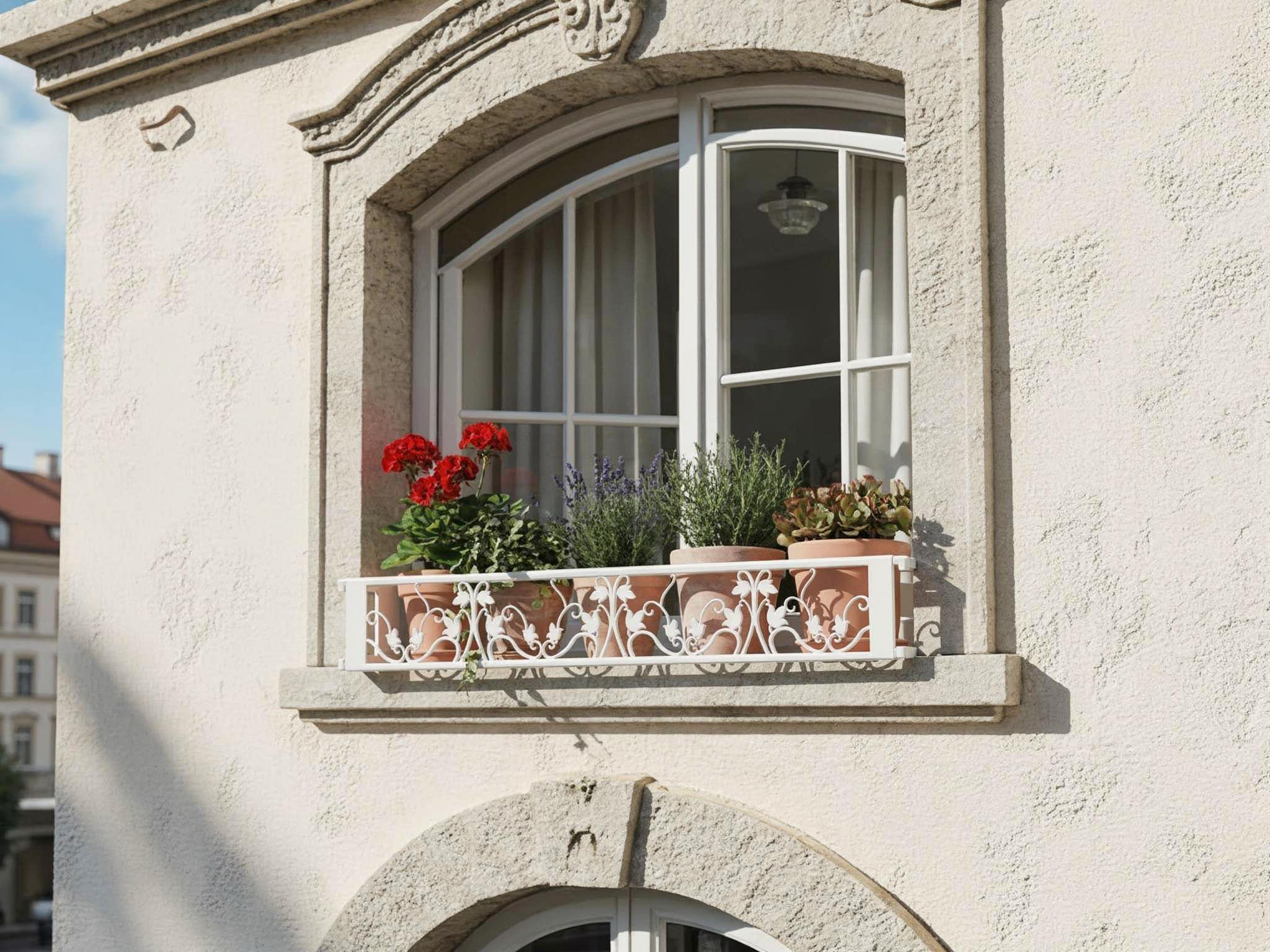 Balconcillo para Macetas, Balconcillo para Plantas, Portamacetas Ventana, Protector de macetas, Modelo Floral Extensible 100-140 cm, Blanco
