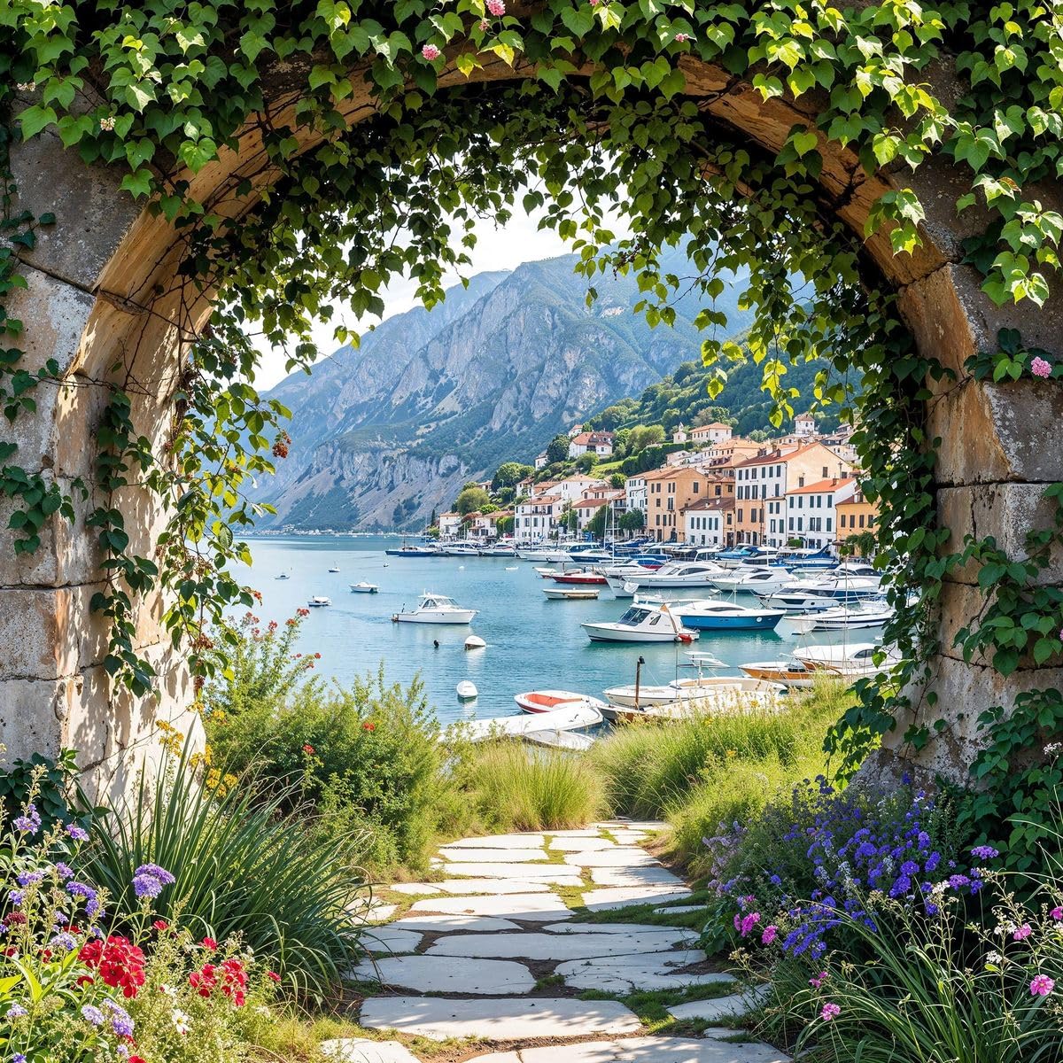 Sabrikas Let Your Creative Spirit Run Free Multicolored Talian Riviera Garden Mural Curtain – Coastal Stone Archway Wall Art, Outdoor Fence Panel, Decorative Tapestry, Mediterranean Home Decor, Seaside Pathway Design, Floral Backdrop