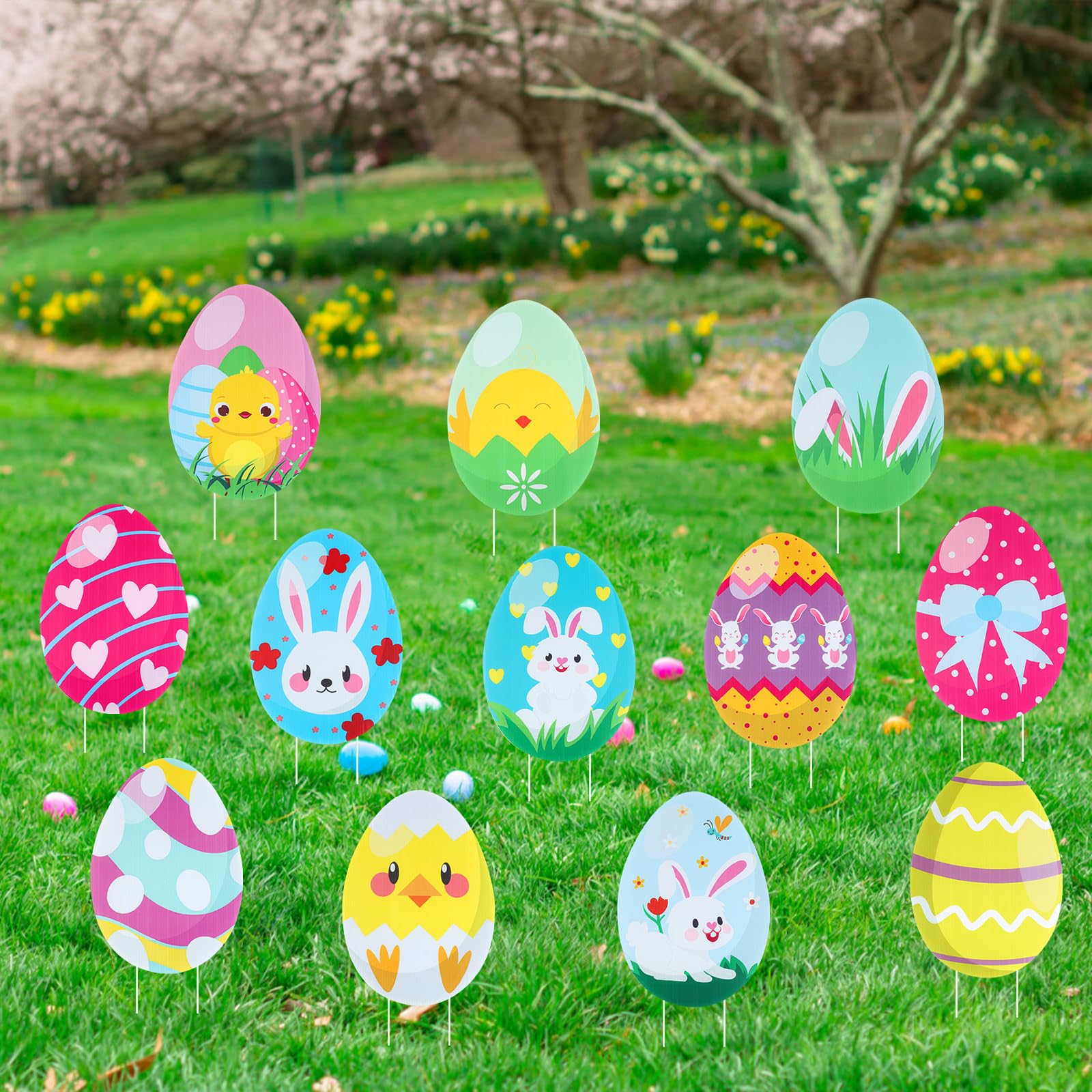 Œufs de Pâques piquets de jardin en plastique déco fleur extérieure x12