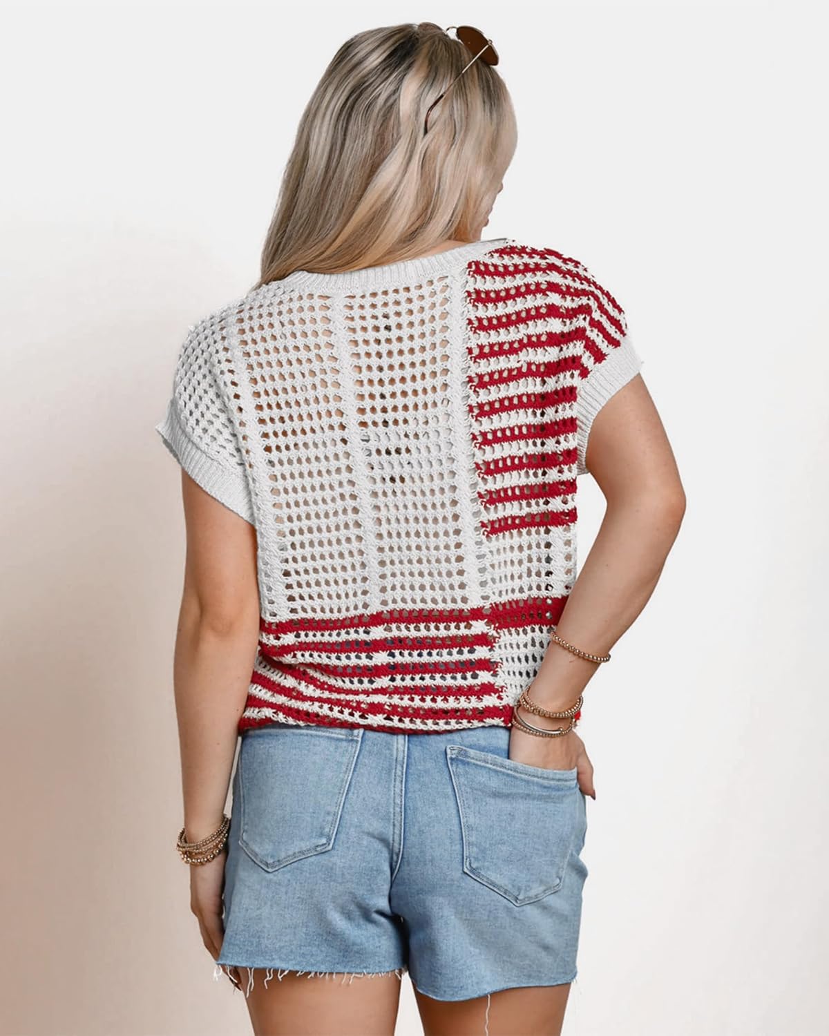 Womens Crochet Hollow Out Sweater Short Sleeve Summer Boho Crewneck Color Block Knit Tops 2026 Casual Beach Shirts - Image 4