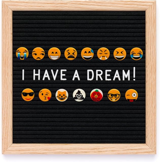Happy You Letter Board - 10 x 10 inch Letter Board Felt Message Board - Oak Wooden Frame - 510 White Red Blue Letters Numbers - 15 Emojis - Wooden Stand