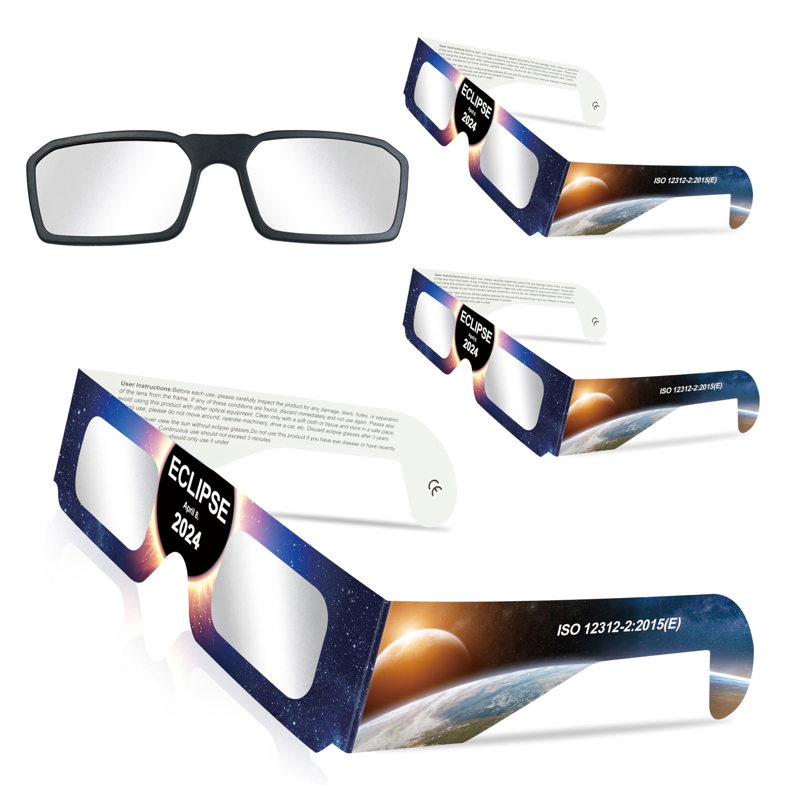 Solar Eclipse Glasses Approved 2024, Eclipse Glasses 3 Pack + 1 Eclipse Lens, CE and ISO Certified Safe Shades for Direct Sun Viewing