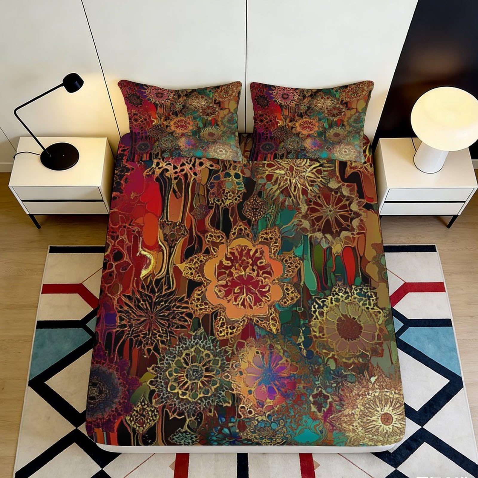 3D Printed Bohemian Floral Fitted Sheet Microfiber Soft Vibrant Mandala Mattress Cover for Bedroom Decor 90x200x25cm
