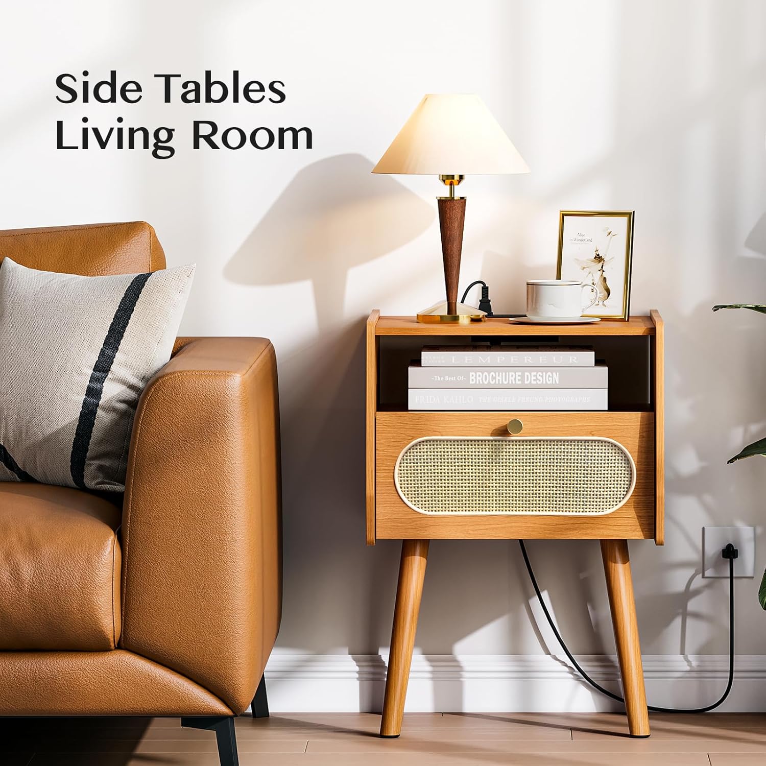 Night Stand Set 2, Mid Century Modern Nightstands Drawer, Rattan Bedside Table with Charging Station, Boho End Table with Storage, Wood Bed Side Tables for Bedroom, Small Space, Cherry