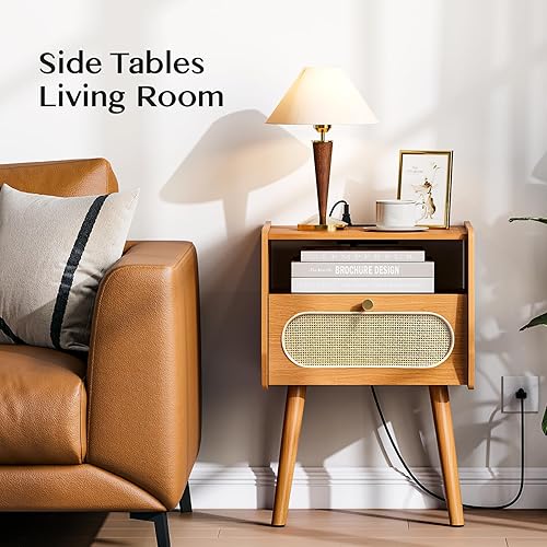 Miniatura 8 de Juego de 2 mesitas de noche modernas de mediados de siglo, mesita de noche de ratán con estación de carga, mesa auxiliar bohemia con almacenamiento