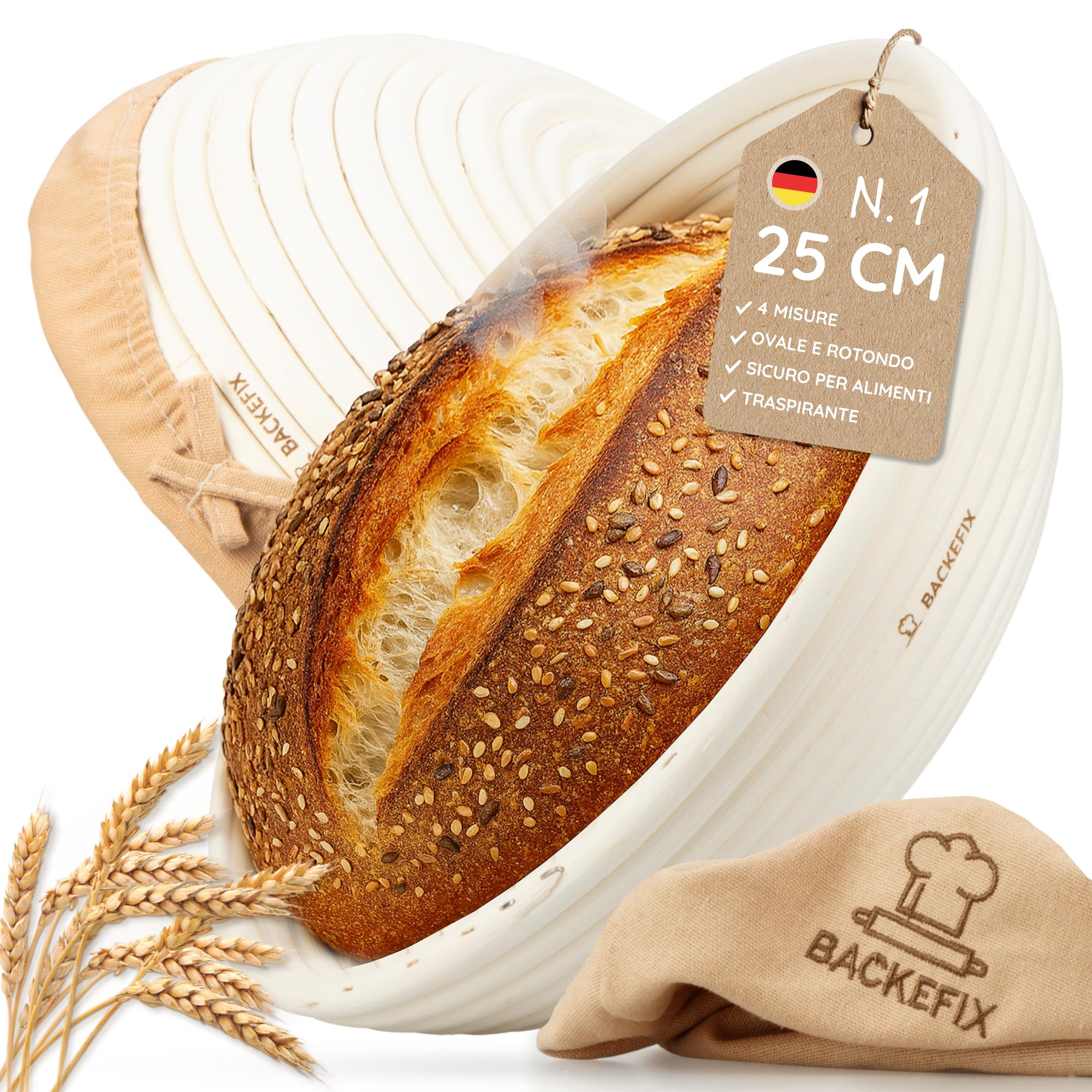 Backefix 500g fino a 1 kg cestino per la lievitazione del pane rotondo piccolo (Ø 23cm) | per un pane perfettamente formato e fatto a mano | Cestino per lievitazione naturale con panno di lino
