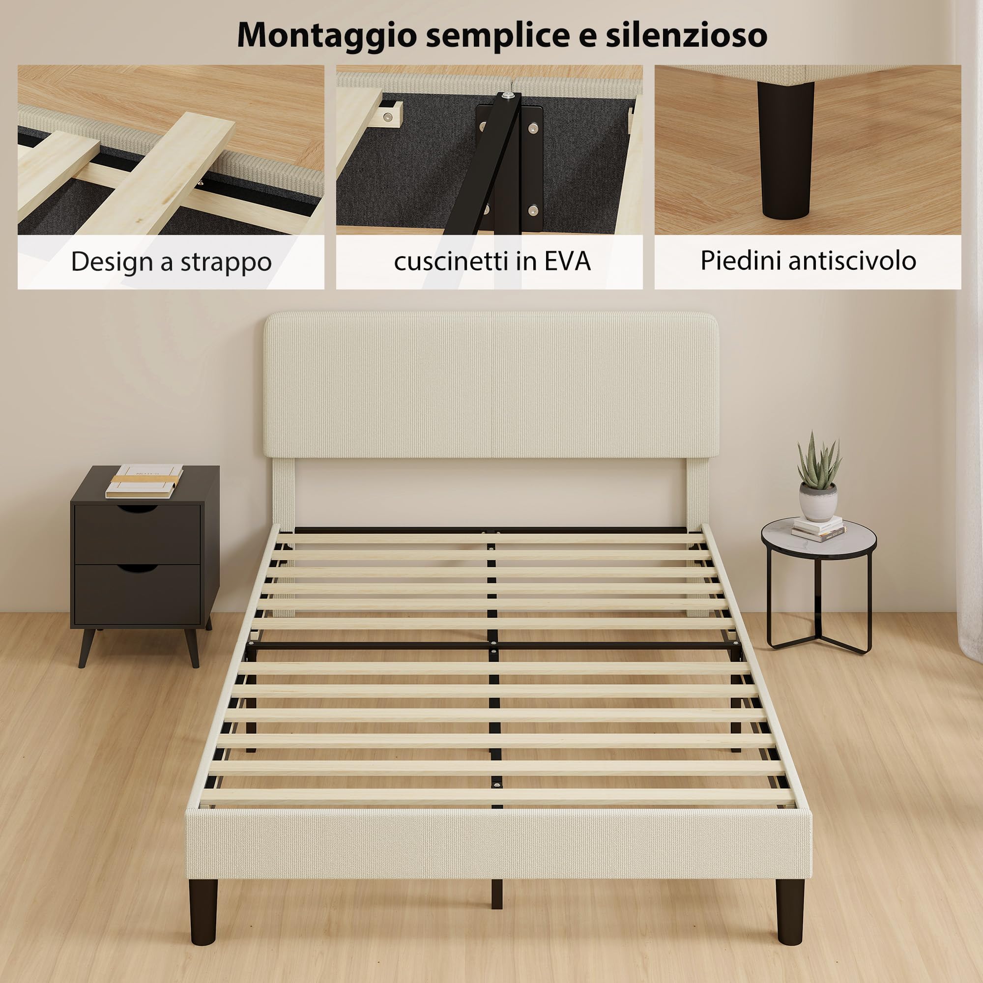 HOMCOM Struttura Letto Matrimoniale Doghe in Legno 140x200 cm Grigio Chiaro | Testiera Regolabile in Altezza, Imbottita in Velluto a Coste, Letto Matrimoniale per Camera da Letto, Montaggio Facile