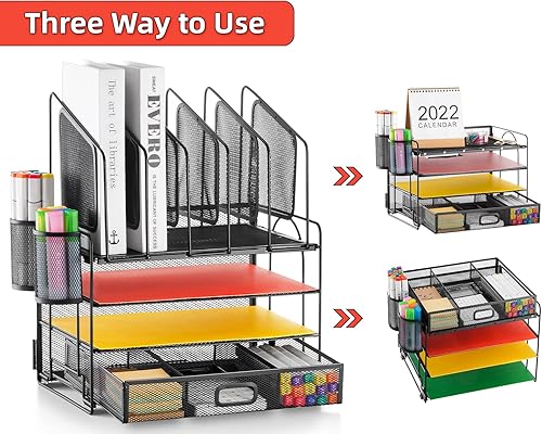 Miniatura 5 de Marbrasse Organizador de archivos de escritorio de malla de 4 niveles con 5 soportes verticales para archivos + bandeja de papel organizadora de