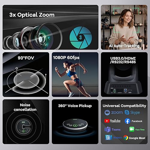 Miniatura 4 de TONGVEO Sistema de cámara de conferencia PTZ con seguimiento automático AI con micrófonos Bluetooth, zoom óptico 3X USB3.0 1080P 60fps, solución de