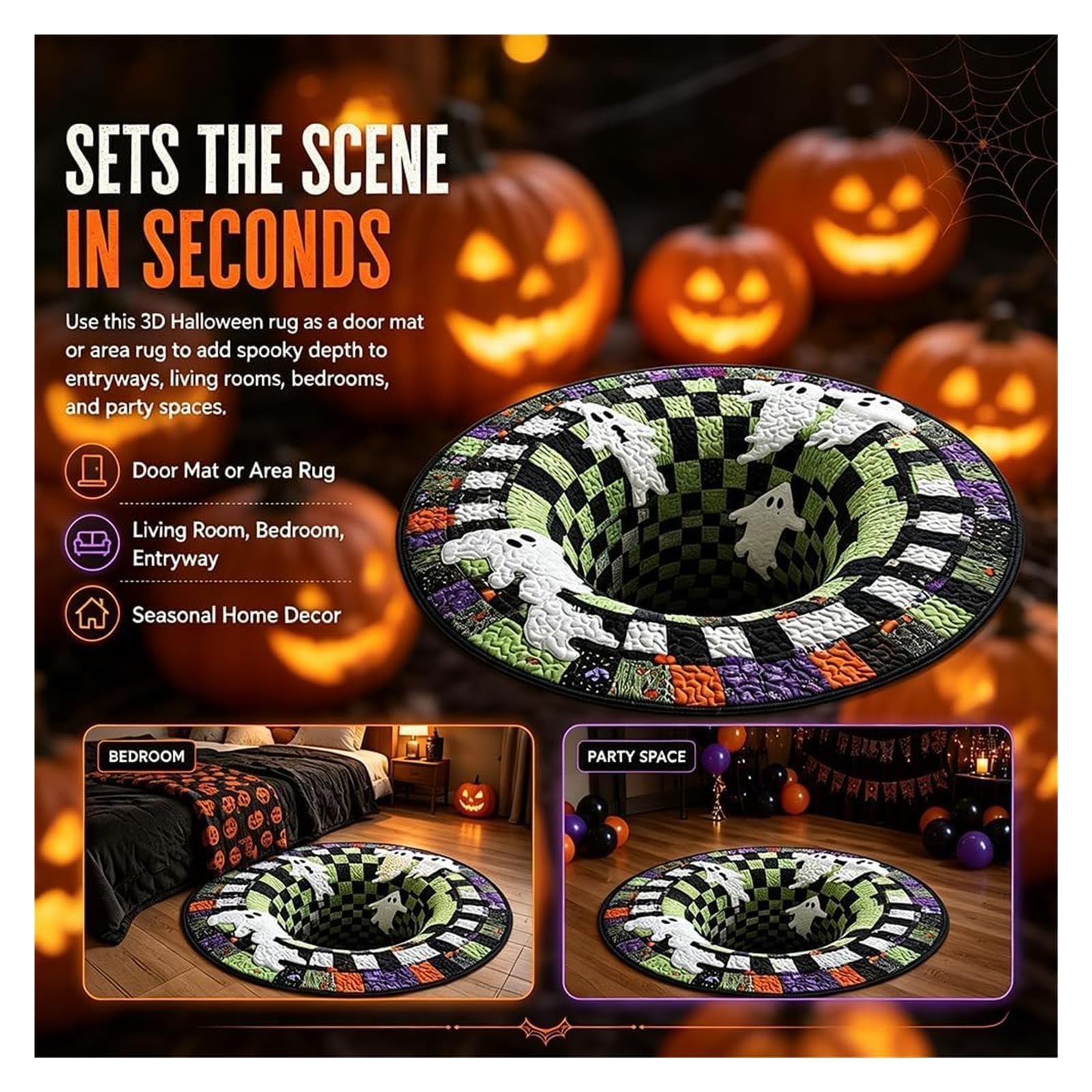 Dywan 3D na Halloween, 3D, horror 3D, okrągły dywan z antypoślizgowym spodem, miękki kryształowy aksamit, do nawiedzonego domu, salonu, akademika i imprezy z horrorem, dekoracja (#C, 120 x