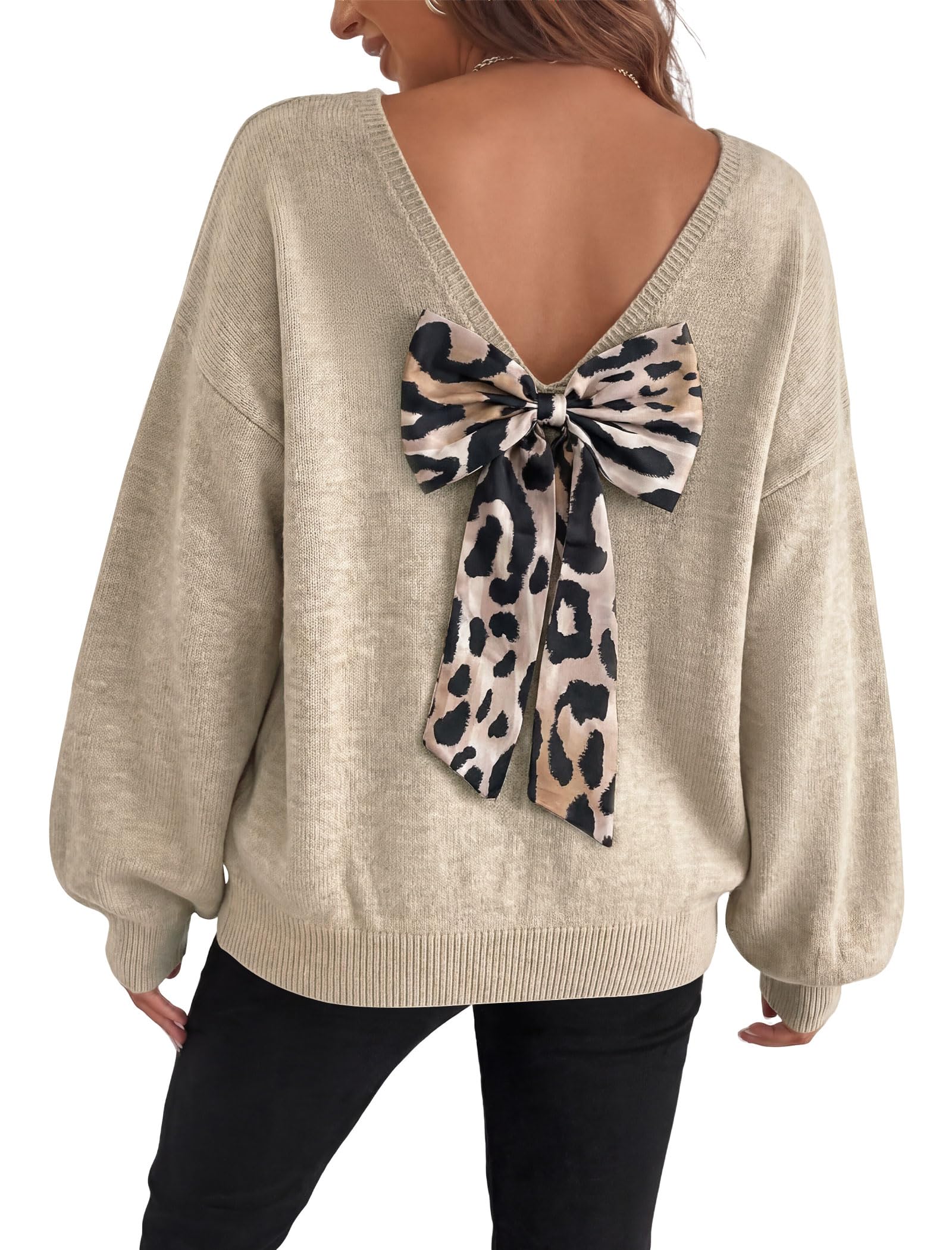 Women's Back Bow Sweaters Crewneck Long Sleeve Tops Casual Leopard Print Oversized Pullover Sweater Fall Outfits