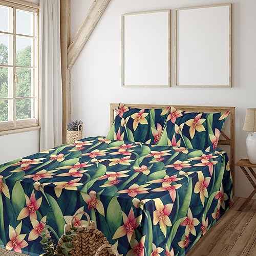 Ambesonne Juego de sábanas florales, Carnivorous Deep of The Exotic Jungle Tienda Wild Life Flowers, sábana bajera y sábana encimera con funda de