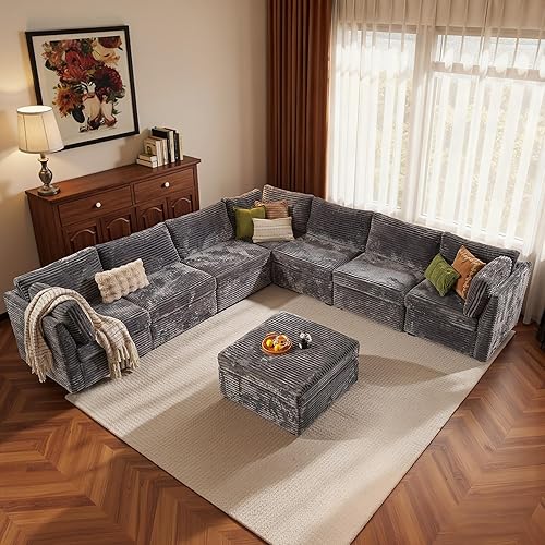 HOOOWOOO Modular Sectional Sofa,8 Pieces Sectional Couches for Living Room,164X66 L Shaped Cloud Couch with Ottoman Chaise Set(Grey Velvet Corduroy)