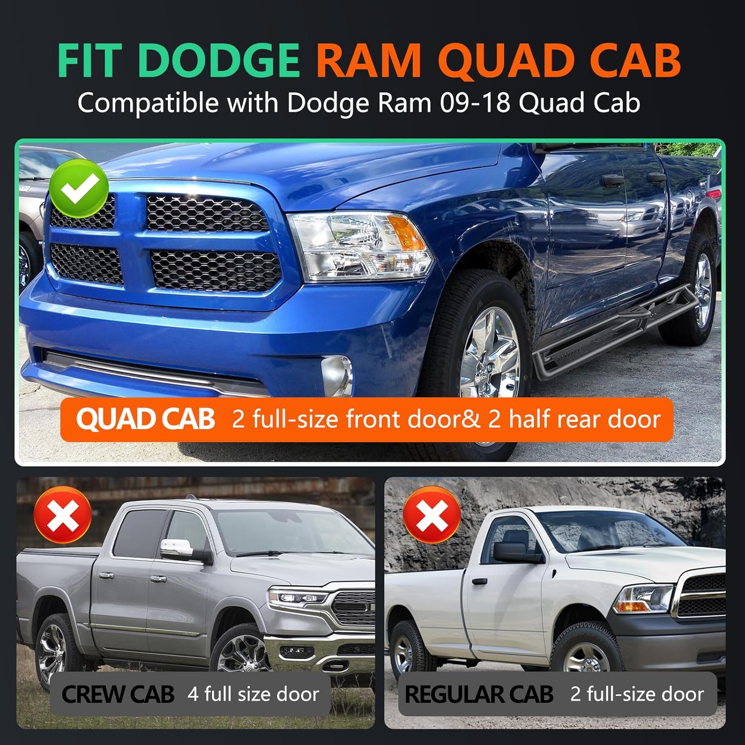 Running Boards for 2009-2018 Dodge Ram Quad Cab Drop Side Steps Bars Nerf Bars Carbon Steel Anti-Slip Black Powder Coated
