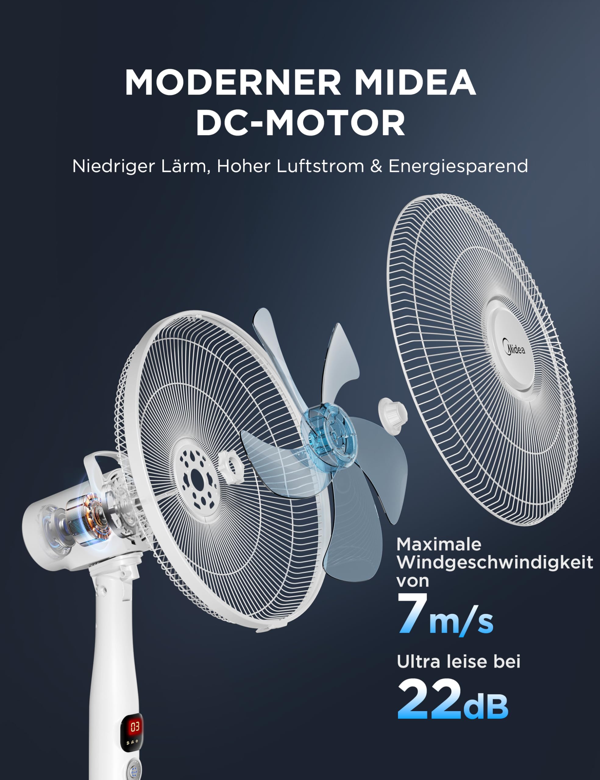 Midea FS40-16CR DC wentylator stojący, cichy, z pilotem zdalnego sterowania, 12 prędkości, timer 12 h, 4 tryby, wskaźnik LED, energooszczędny, 27 dB, regulacja wysokości, cyrkulacja powietrza, biały