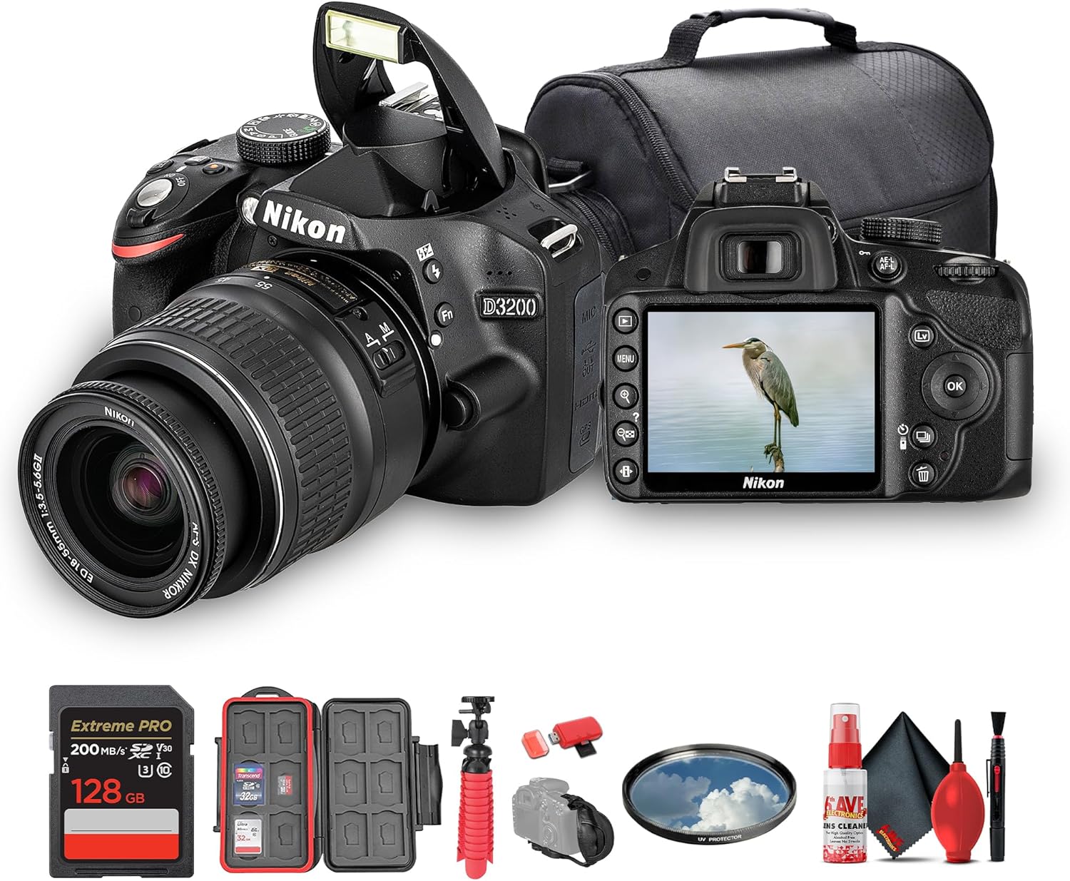Nikon D3200 DSLR Camera with 18-55mm VR Lens – 24.2MP + 128GB Memory Card + Camera Bag + Protective Memory Card Case + USB Card Reader + More