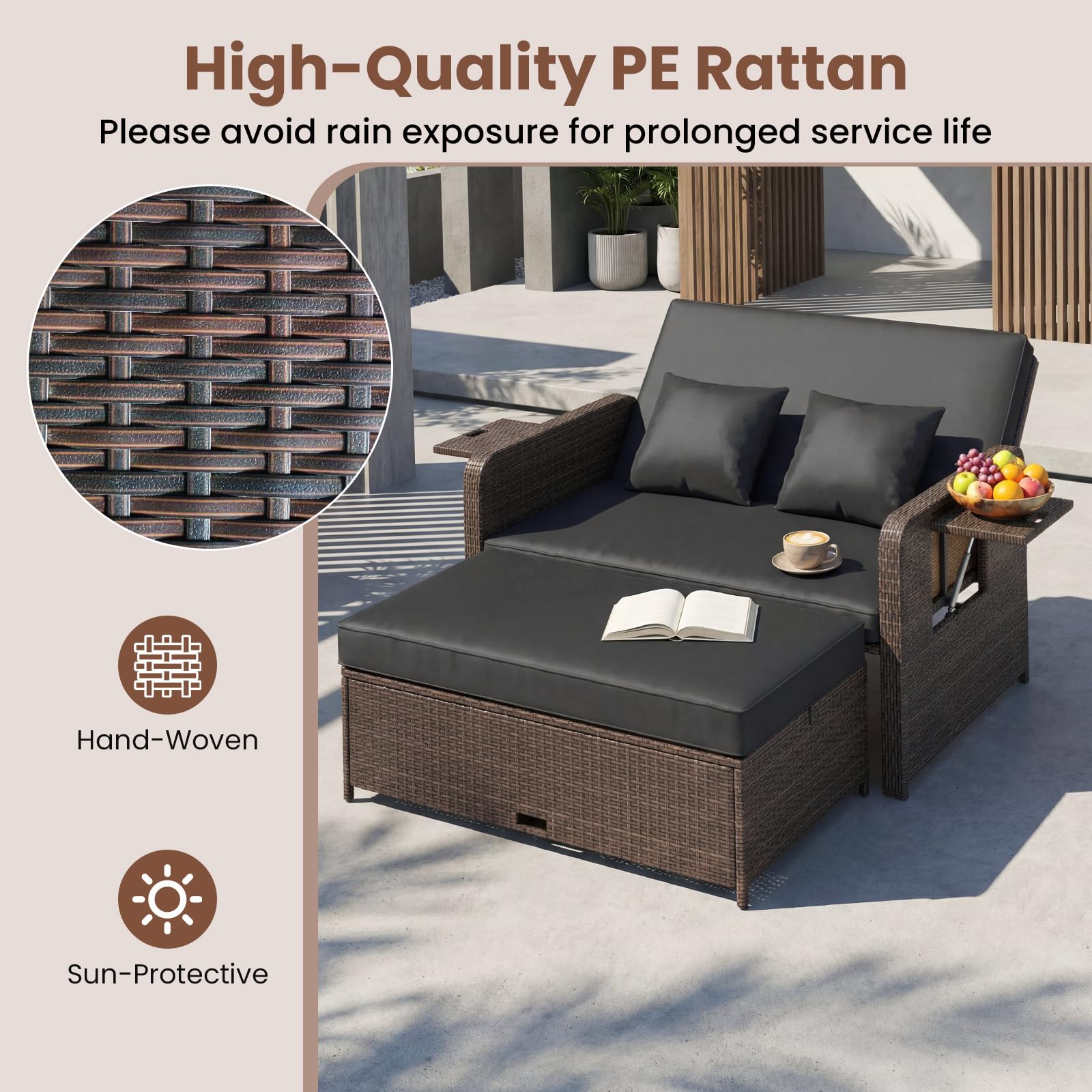 GIANTEX Sofá de Jardín 2 Plazas con Taburete Reposapiés, Muebles Ratán 2 Piezas con Cojines, Mesas Plegables, Respaldo Ajustable en 4 Niveles, Sofá Cama Exterior para Patio Terraza (Marrón+Negro) | Tres en un diseño