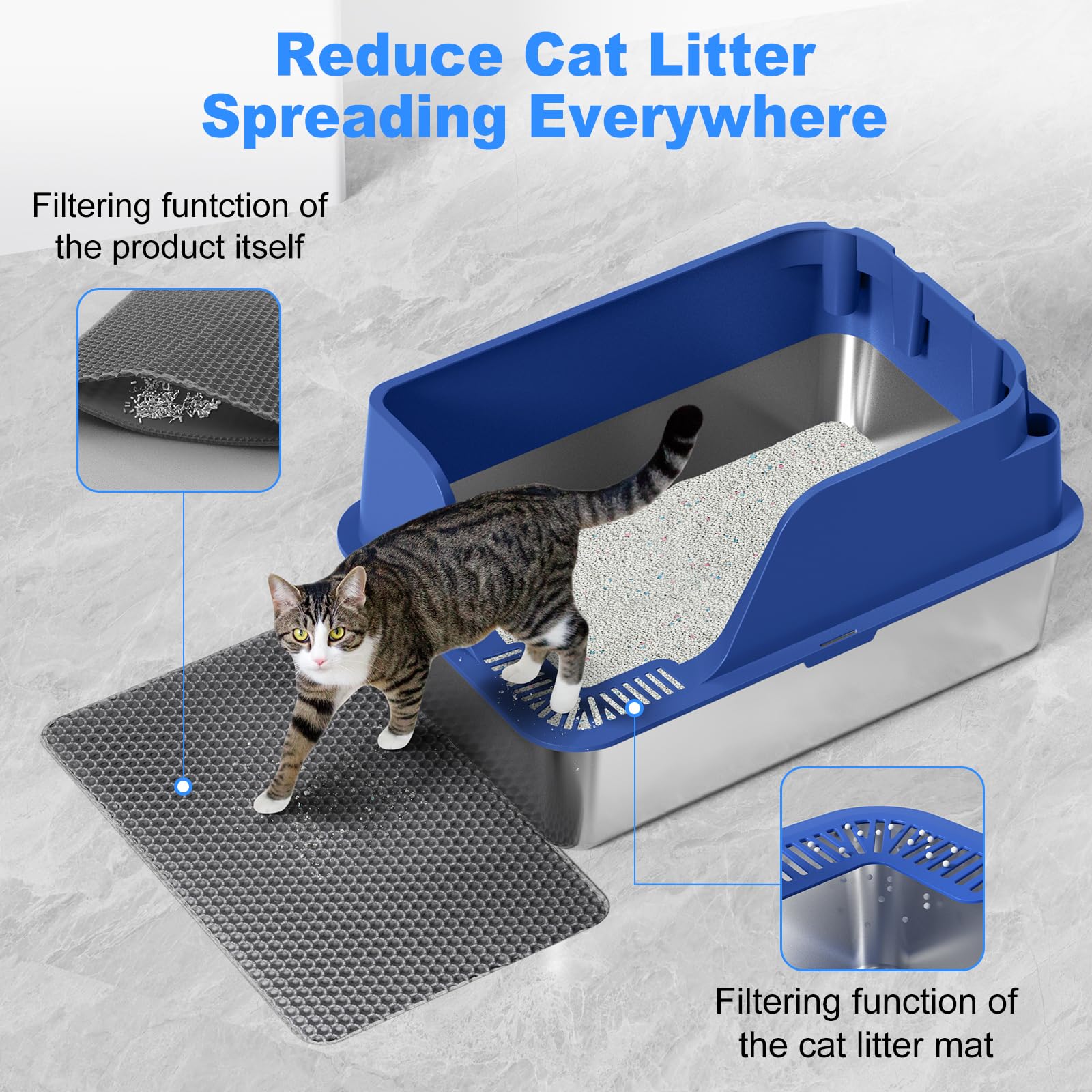 Non-stick Stainless Steel Litter Box, XL Side Opening Splash-Proof & Leak-Proof Seamless Seal, Ellenpent Large Capacity, Cat Litter Box with Lid for Multi-Cats, Large Cats, Easy-Clean & Durable (Blue) - image 5