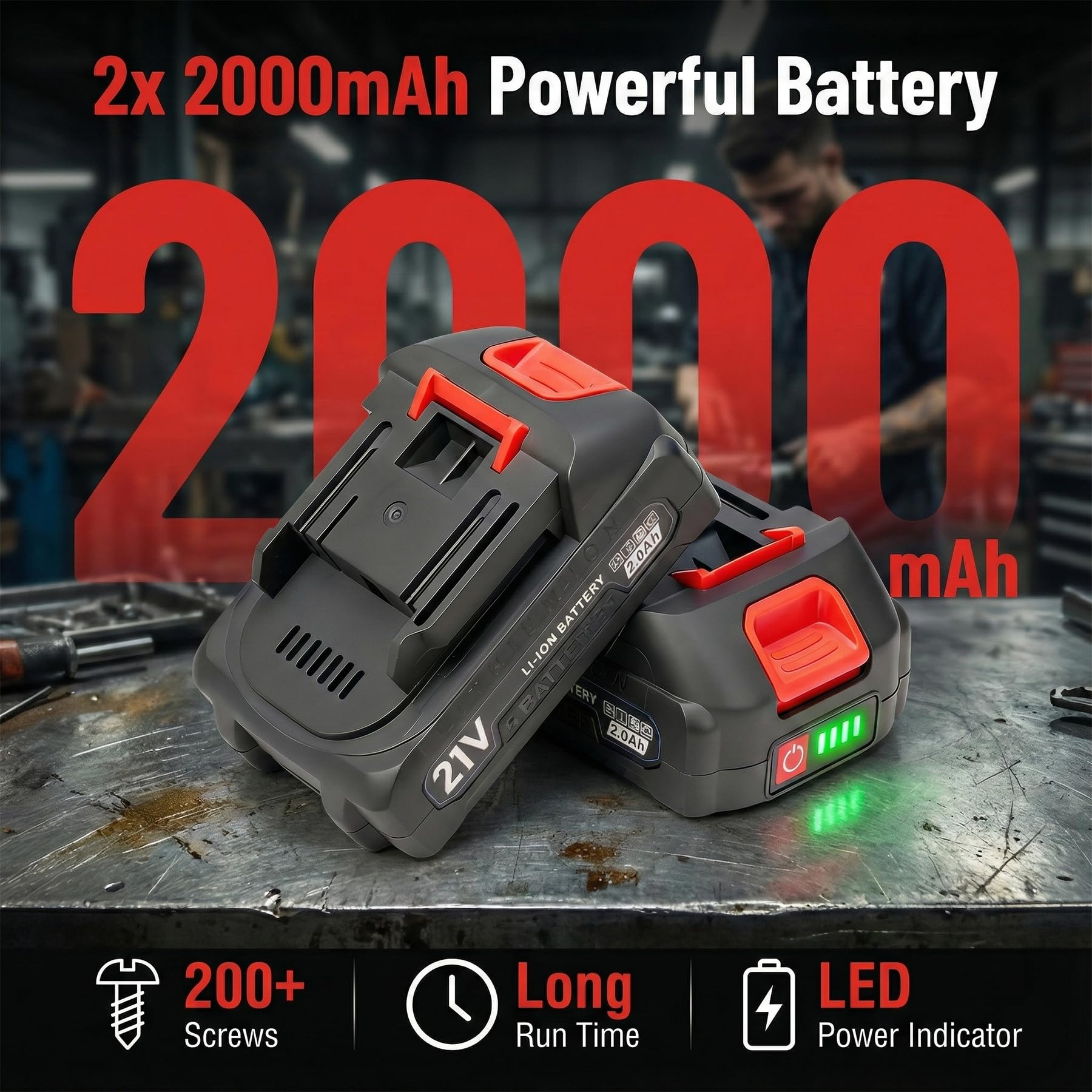 Cricchetto Elettrico a Batteria 21V, Chiave a Cricchetto con Collo Lungo 15cm, Coppia Max 85Nm, 400 Giri/min, 2x Batterie 2.0Ah, Caricabatterie, 7 Bussole & Adattatori per Auto e Officina