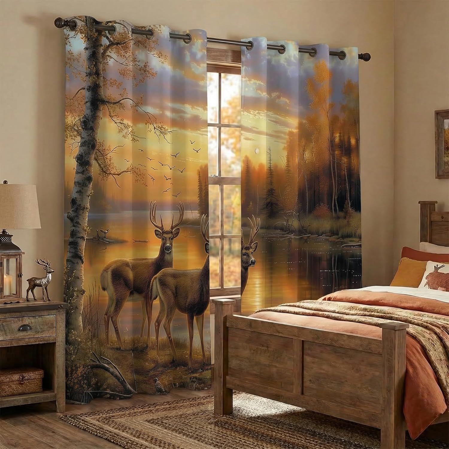 Rustic Autumn Deer Blackout Curtains for Bedroom, Woodland Wildlife Cabin Window Drapes, Whitetail Hunting Grommet Thermal Insulated Curtains for Living Room, 42 x 45 Inch, 2 Panels