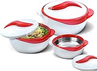 Pinnacle 3-Pc Insulated Casserole Dish Set 2.6/1.5/1 qt Stainless Steel Thermal Hot/Cold Food Warmer with Lids - Red Gift for Moms
