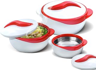 Pinnacle 3-Pc Insulated Casserole Dish Set 2.6/1.5/1 qt Stainless Steel Thermal Hot/Cold Food Warmer with Lids - Red Gift for Moms