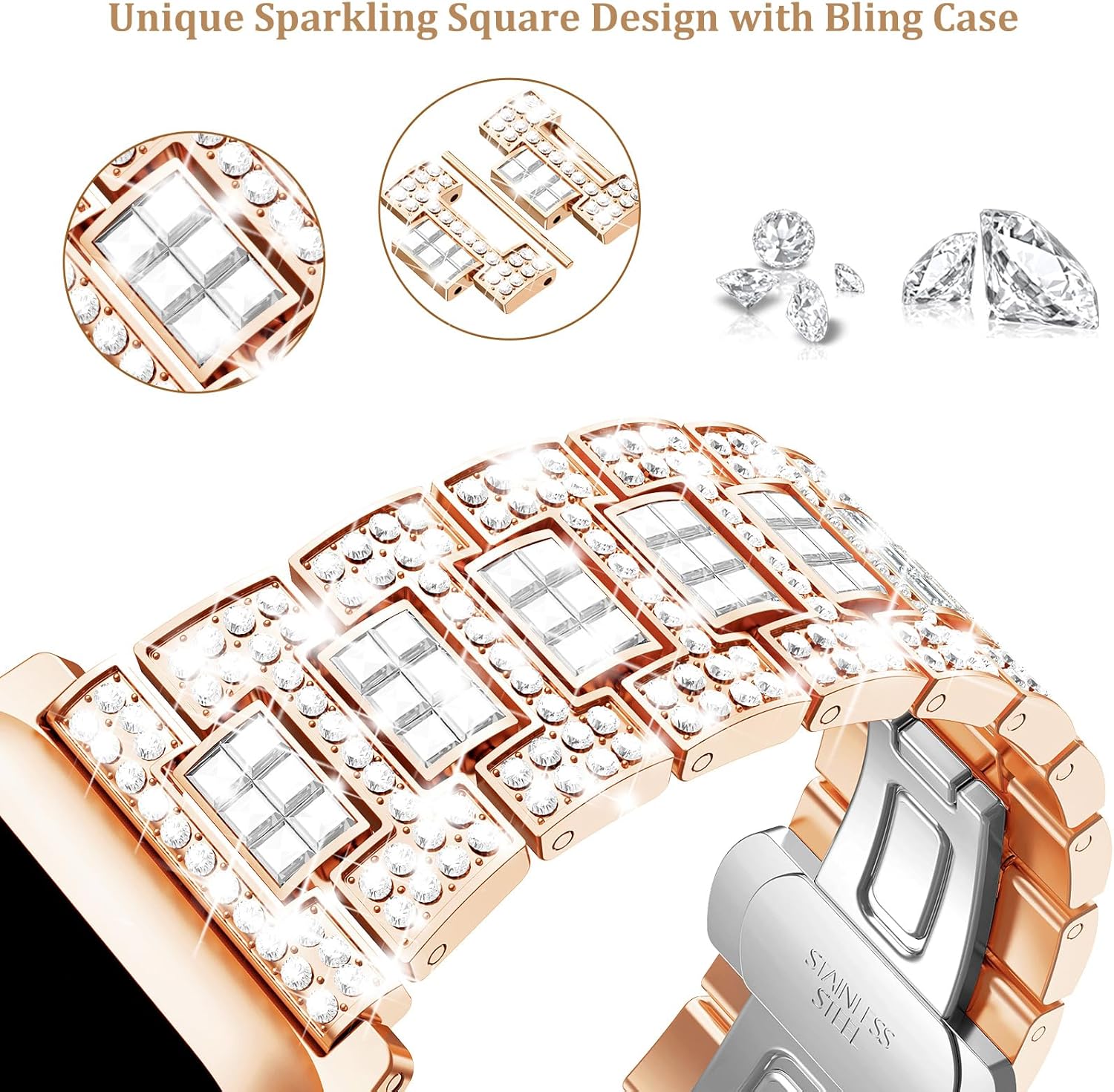 Mosonio Compatible with Bling Apple Watch Band Women 40/44/41/45/42/46mm with Shiny Metal Case, Full Sparking Luxury Diamond Bands and Cover Set, Charming Wedding Strap for iWatch SE Series 11/10/9/8/7/6/5/4 - Image 5