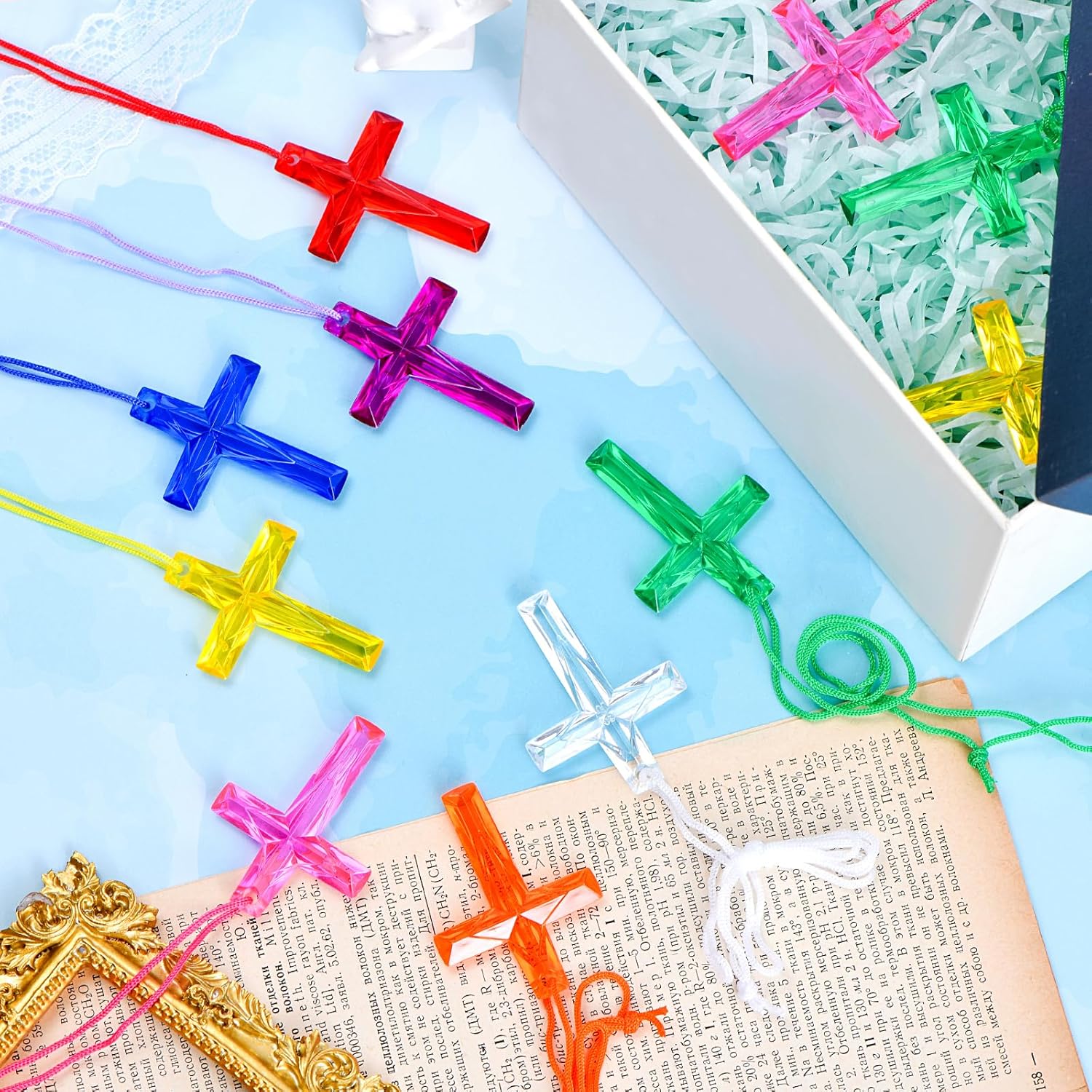 128Pcs Plastic Cross Necklace, 8 Colors Crystal Cross Necklace, Bulk Christian Religious Party Favors,Birthday Gifts for Easter Vacation Sunday School Church(Transparent Color) - Image 4