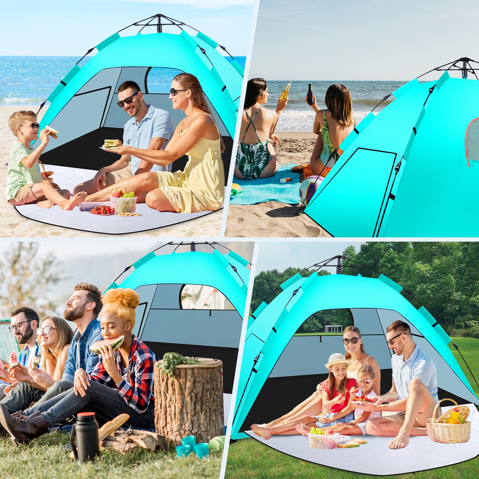 WARMTUYO Tienda de Playa Pop Up | Tienda Playa Instantánea en 3 Segundos para 3-4 Personas, Protección UV50+, Resistente al Viento, Ligera y Portátil para Playa y Camping