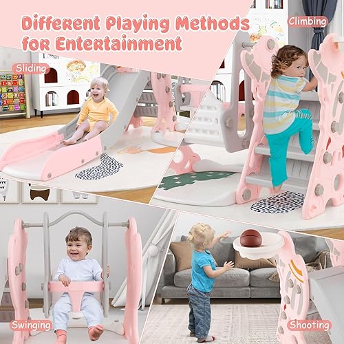 Miniatura 2 de Costzon Juego de tobogán y columpio 4 en 1 para niños pequeños, cohete para interiores y exteriores, columpio rosa para bebé con tobogán, columpio,