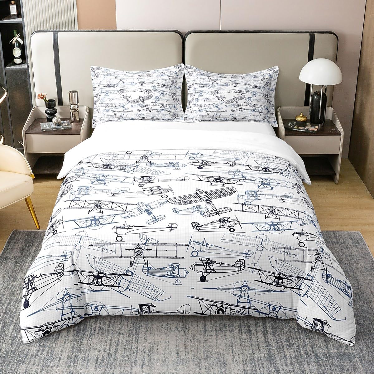 Castle Fairy100% Nature Cotton Aircraft Duvet Cover Queen Size 3 Pcs for Children Kids Airplane Print Bedding Set Room Decor Gifts Aircraft Flying Sketch Style Comforter Cover,Ultra Soft