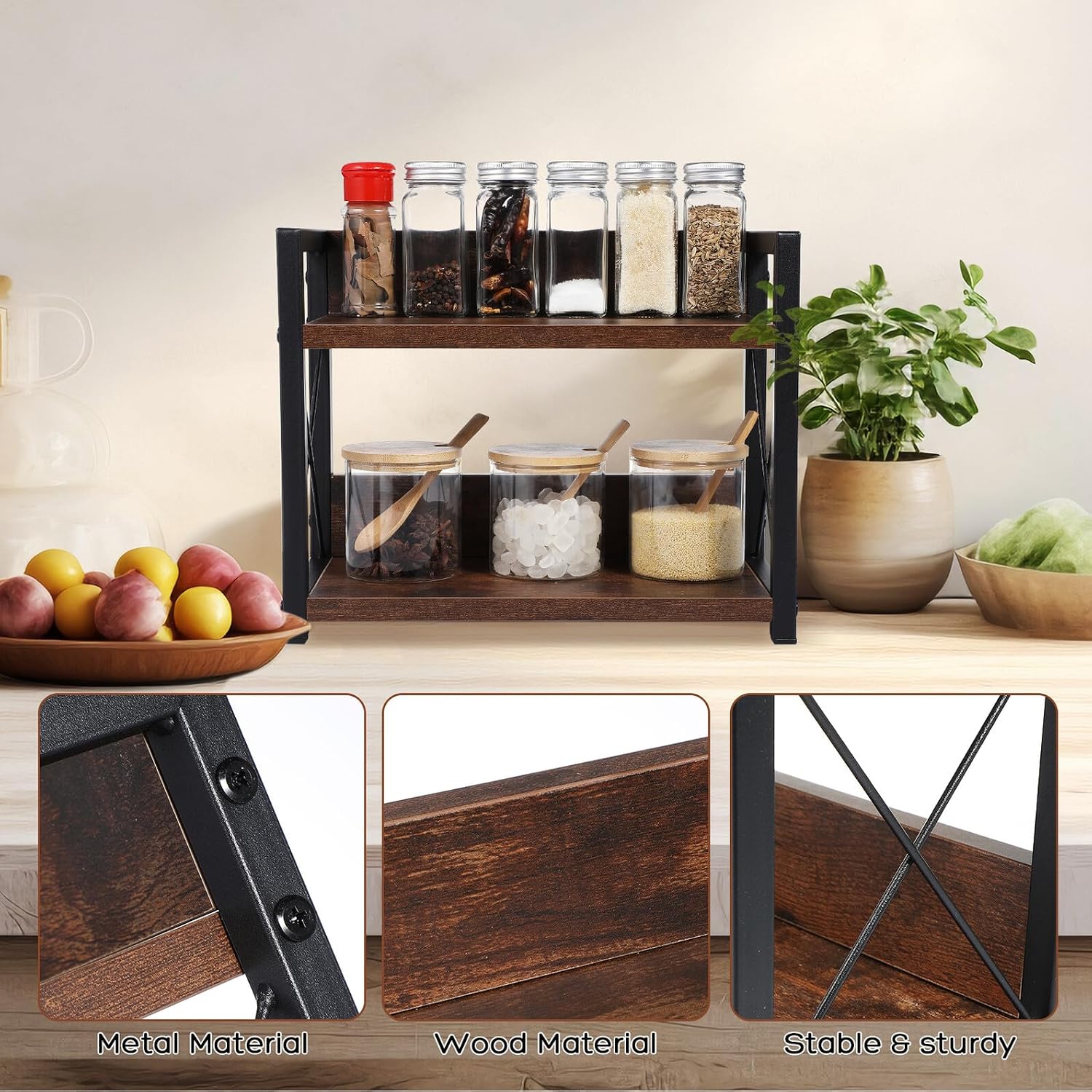 Countertop Kitchen Storage Rack Double Tier Spice Rack Organizer Carbonized Wood Color Sturdy Desktop Shelf for Kitchen Countertop Seasoning Tools