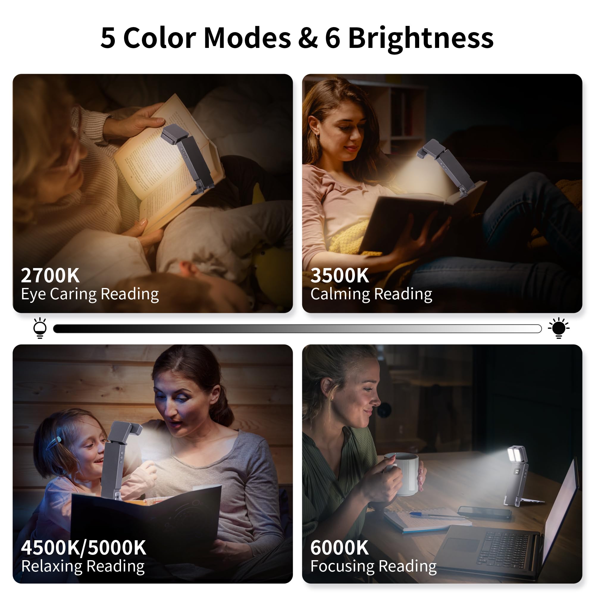 Dott Arts Buchlicht, Doppelkopf-Leselicht mit Schirm, ultraleichte, wiederaufladbare LED-Clip-On-Lampe mit 5 Farben, 6 Helligkeitsstufen, 1000 mAh, Schlaffunktion