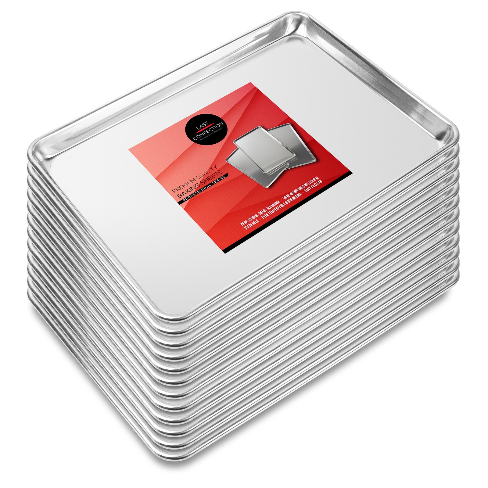 Last Confection 12 Cookie Baking Sheets 13" x 18" - Rimmed Aluminum Jelly Roll Trays - Half Sheet Pans