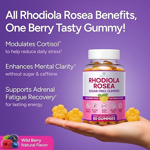 Miniatura 3 de Gomitas de Rhodiola Rosea sin azúcar (1500 mgporción) Suplemento adaptogénico de Rhodiola Rosea y bloqueador de cortisol para rendimiento,